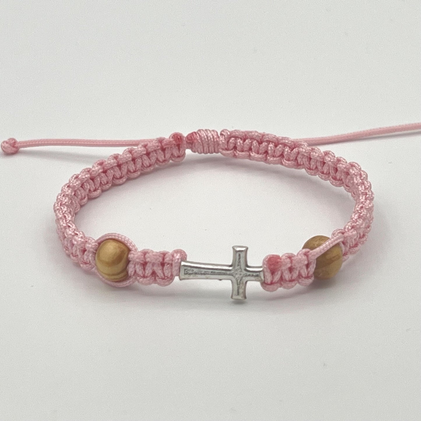 Catholic Cross Charm Pendant Bracelet For Girls Communion Confirmation Wooden Beads Pink Bracelet