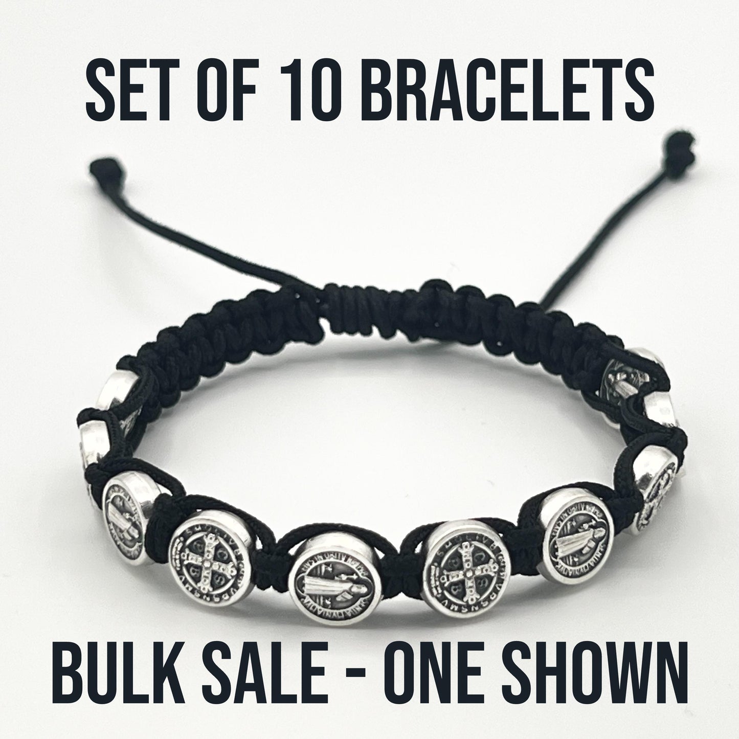 WHOLESALE BULK Set Of 10 St Benedict Black Bracelet With Silver Medals