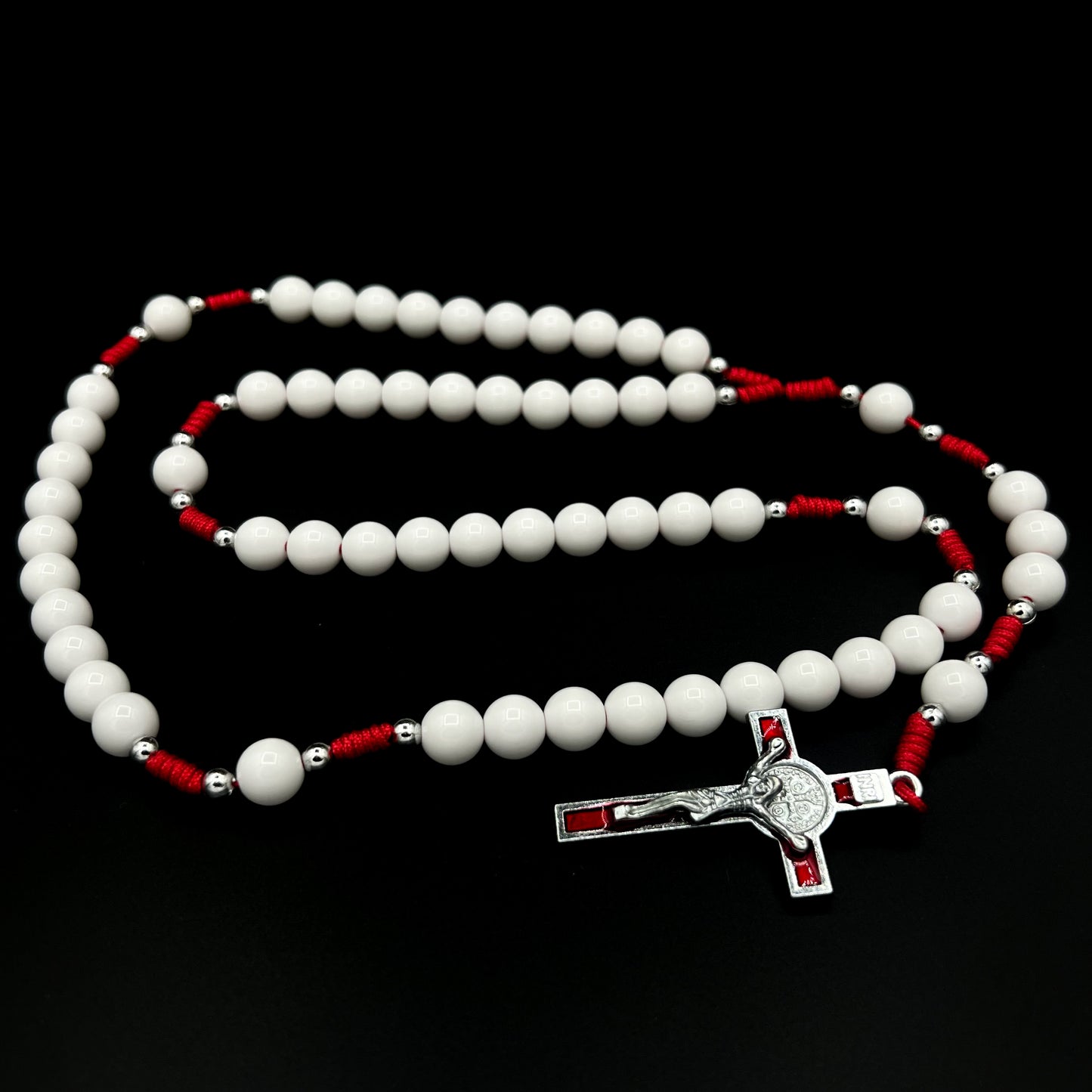 Saint St Benedict White Beads Red Cross Pendant Cord Rosary Necklace