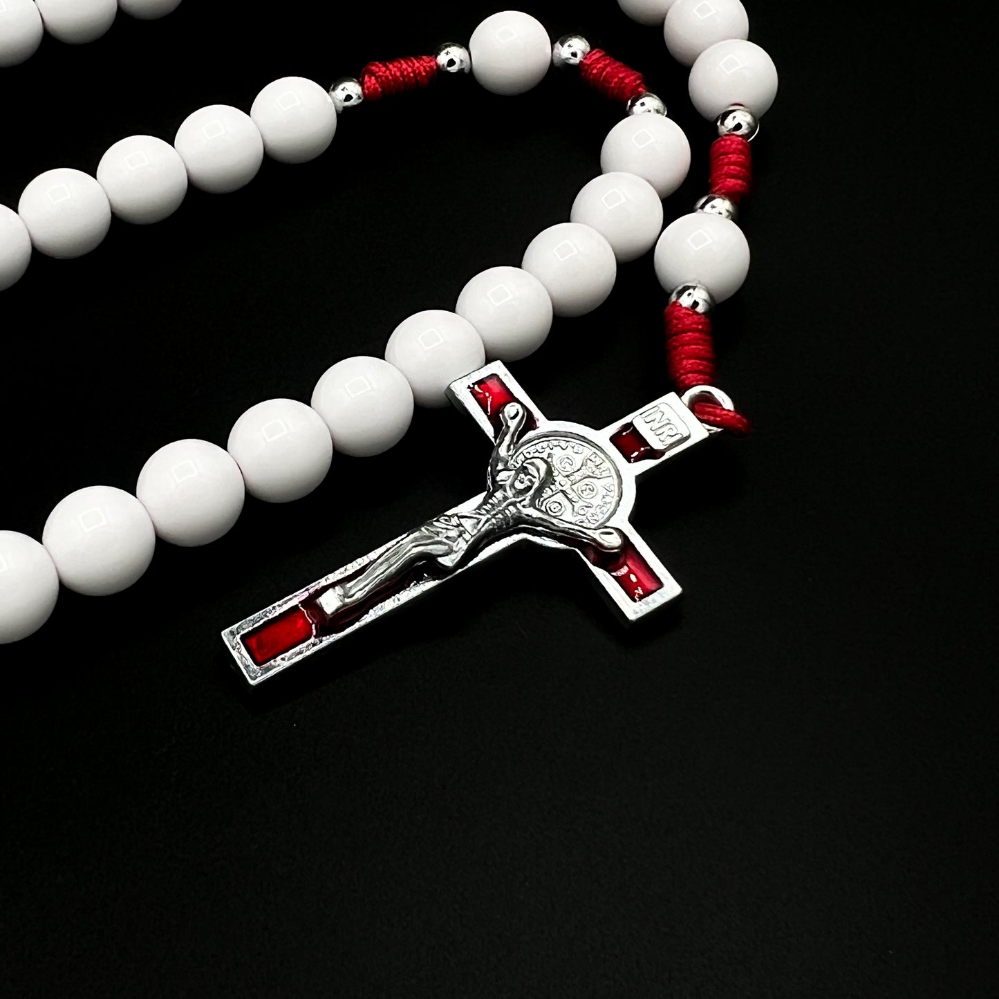 Saint St Benedict White Beads Red Cross Pendant Cord Rosary Necklace