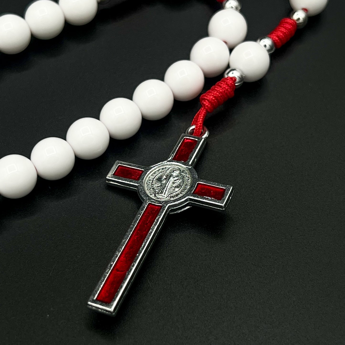 Saint St Benedict White Beads Red Cross Pendant Cord Rosary Necklace