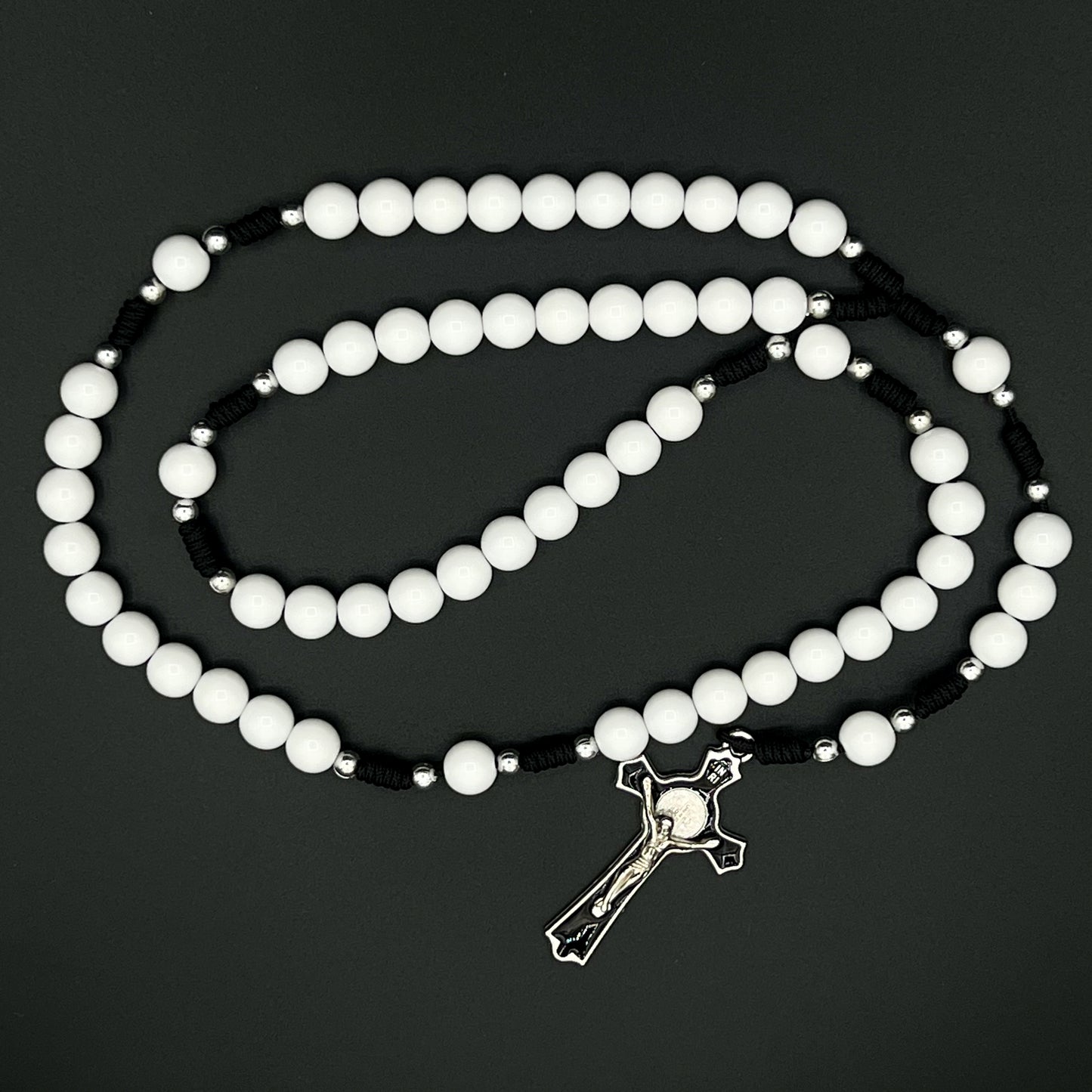 White Beads Black Cord Rosary St Benedict Pendant Cross Charm Religious Gift Necklace For Men Women Confirmation Communion Jewelry