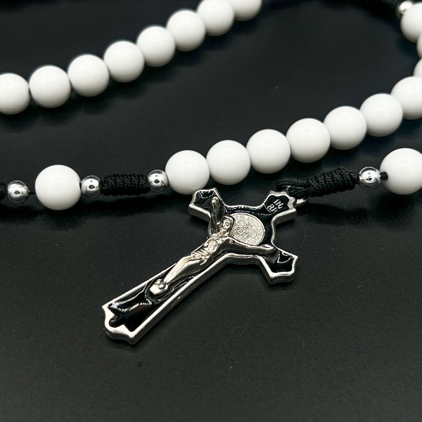 White Beads Black Cord Rosary St Benedict Pendant Cross Charm Religious Gift Necklace For Men Women Confirmation Communion Jewelry