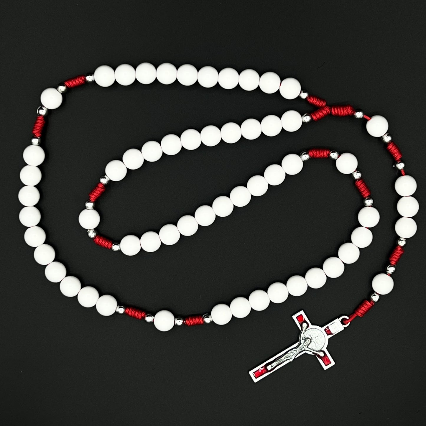 Saint St Benedict White Beads Red Cross Pendant Cord Rosary Necklace