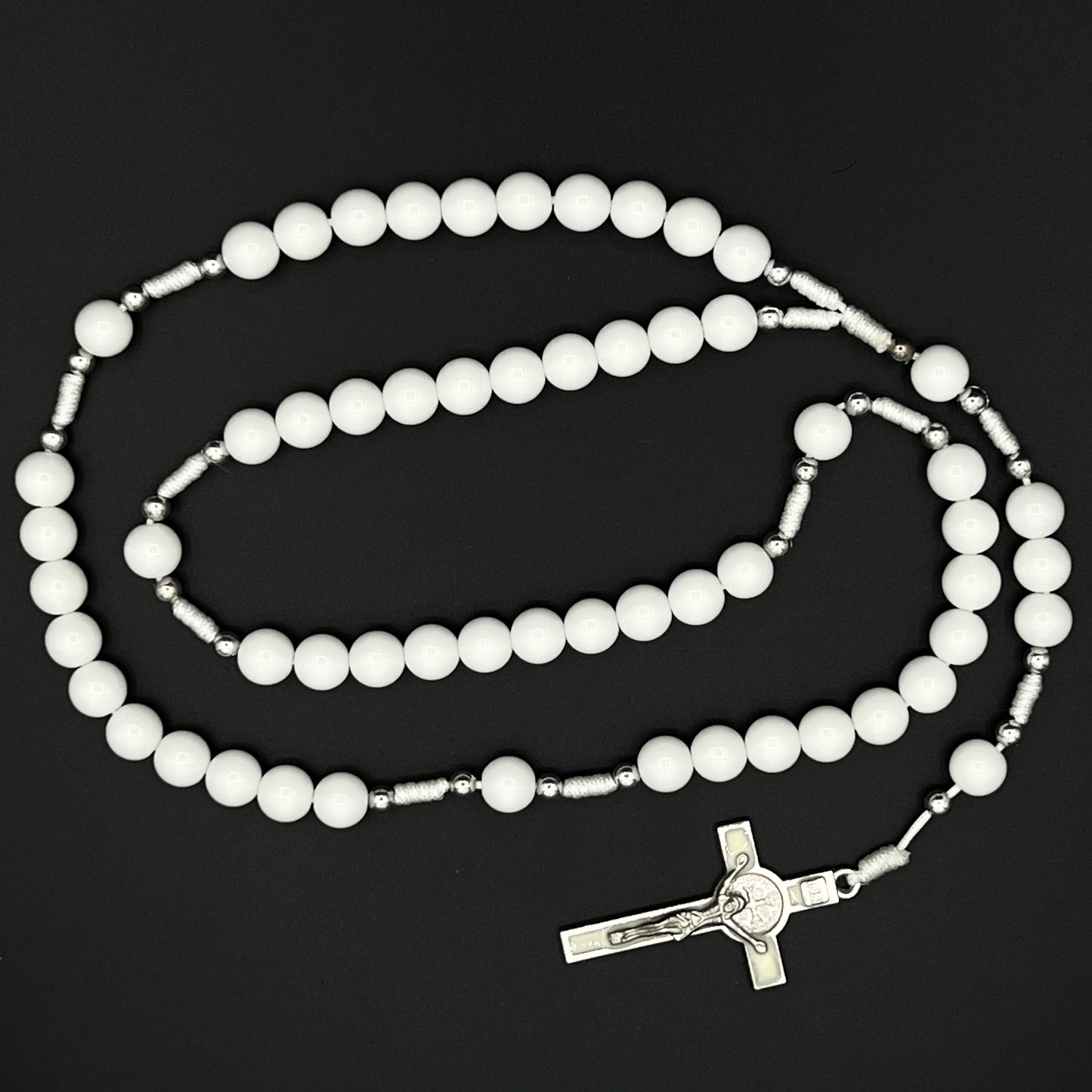 All White Rosary Necklace Chaplet St Benedict Cross Pendant Prayer Beads