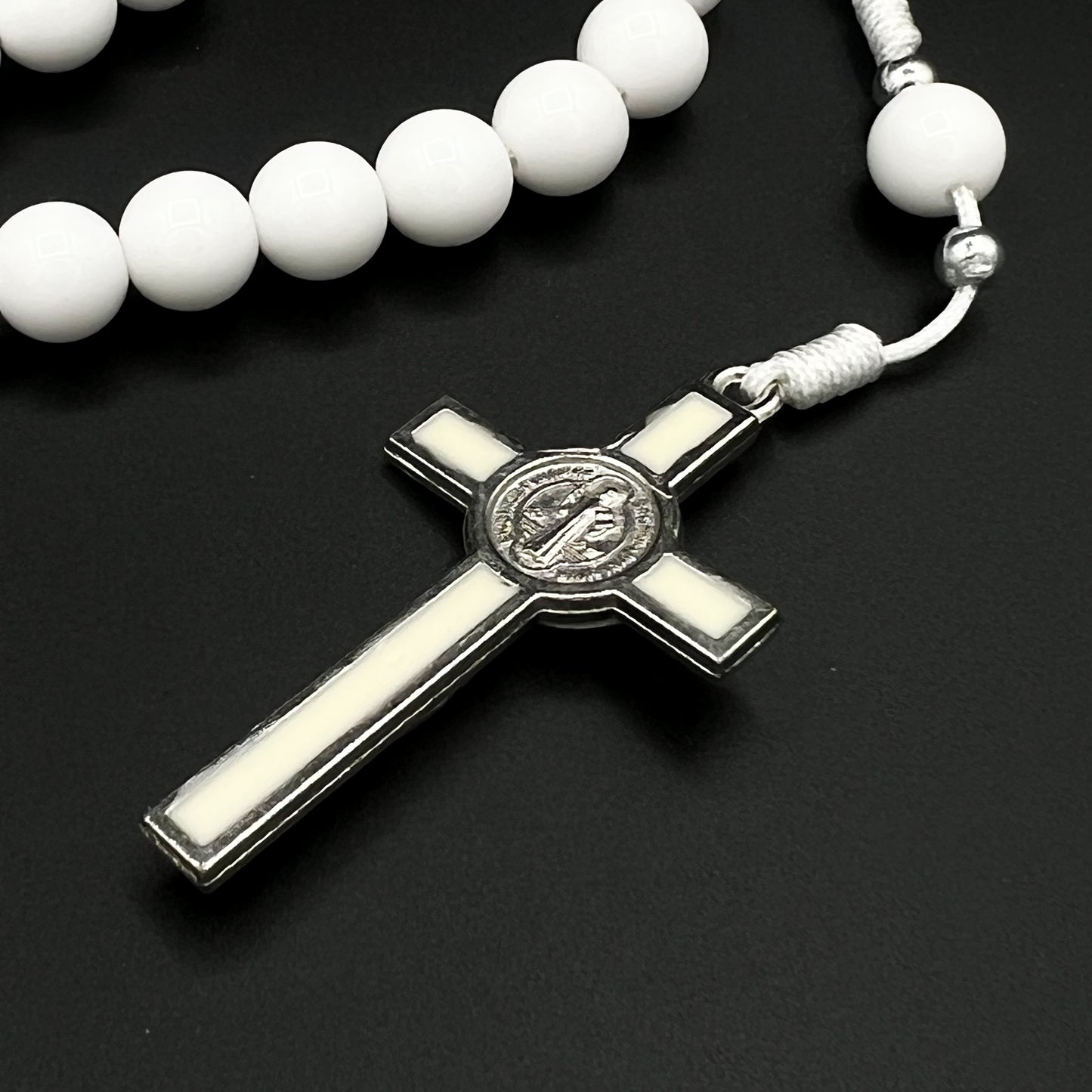 All White Rosary Necklace Chaplet St Benedict Cross Pendant Prayer Beads