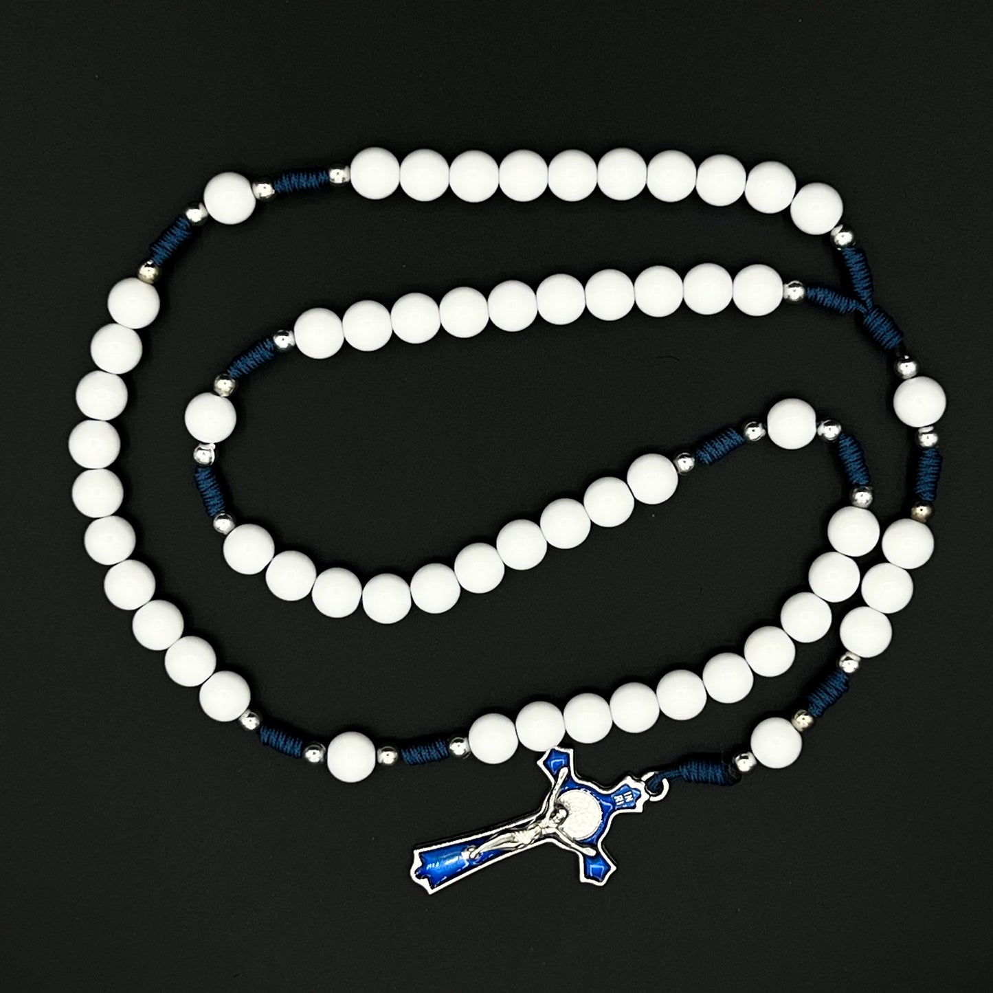 Catholic White Beads Rosary Necklace St Benedict Blue Cross Pendant Navy Cord