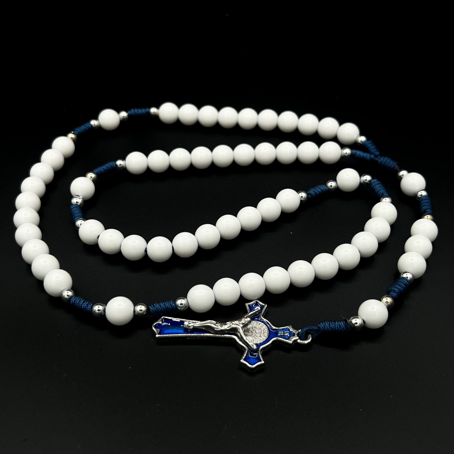 Catholic White Beads Rosary Necklace St Benedict Blue Cross Pendant Navy Cord