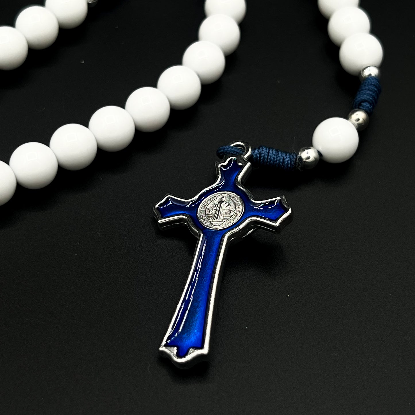 Catholic White Beads Rosary Necklace St Benedict Blue Cross Pendant Navy Cord