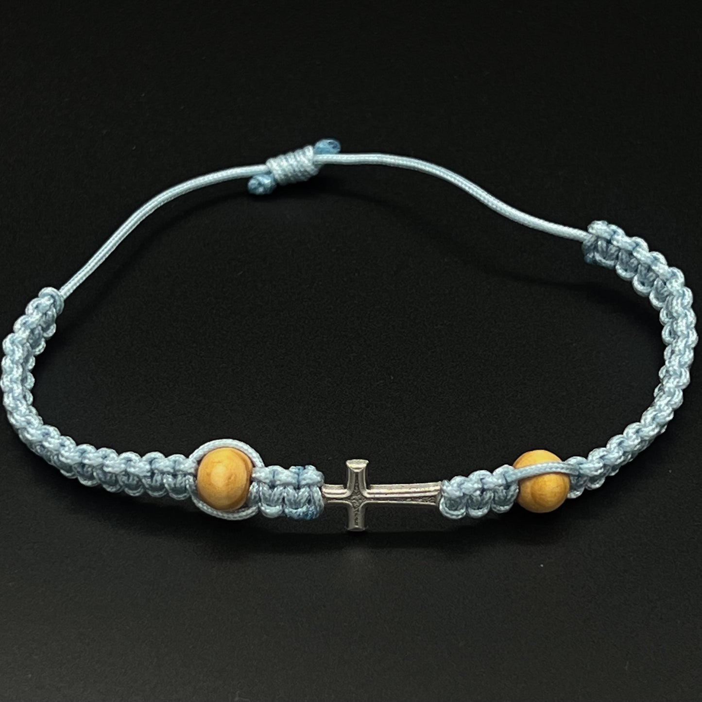 Simple Cross Bracelet Blue Catholic Jewelry Wooden Prayer Beads Minimalist Adjustable