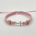 Catholic Cross Charm Pendant Bracelet For Girls Communion Confirmation Wooden Beads Pink Bracelet