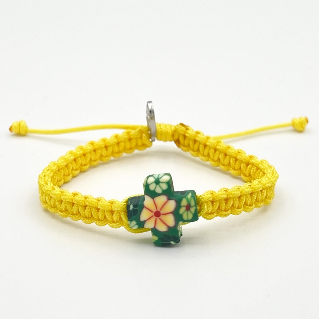 Yellow Catholic Bracelet With Floral Cross Charm Pendant Virgin Mary Divine Mercy Religious Medal Catholic Gift For Men Women Boys Girls