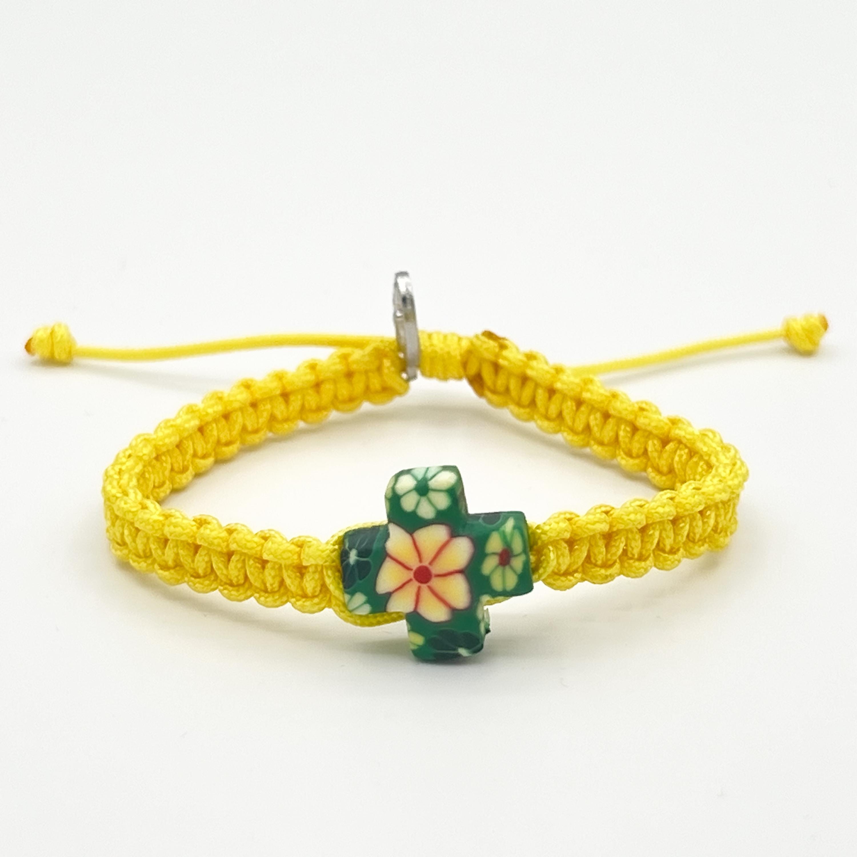 Yellow Catholic Bracelet With Floral Cross Charm Pendant Virgin Mary Divine Mercy Religious Medal Catholic Gift For Men Women Boys Girls