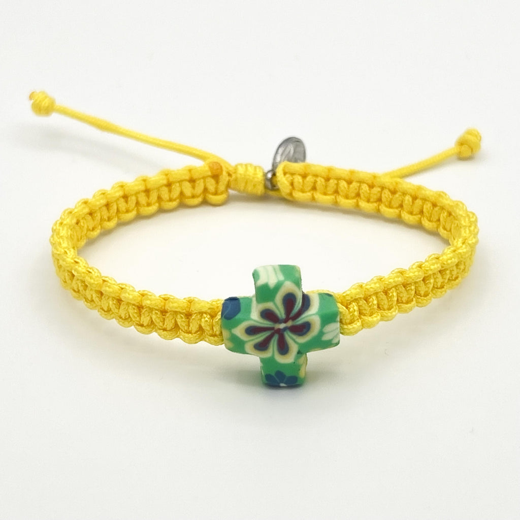 Yellow Catholic Bracelet With Floral Cross Charm Pendant Virgin Mary Divine Mercy Religious Medal Catholic Gift For Men Women Boys Girls