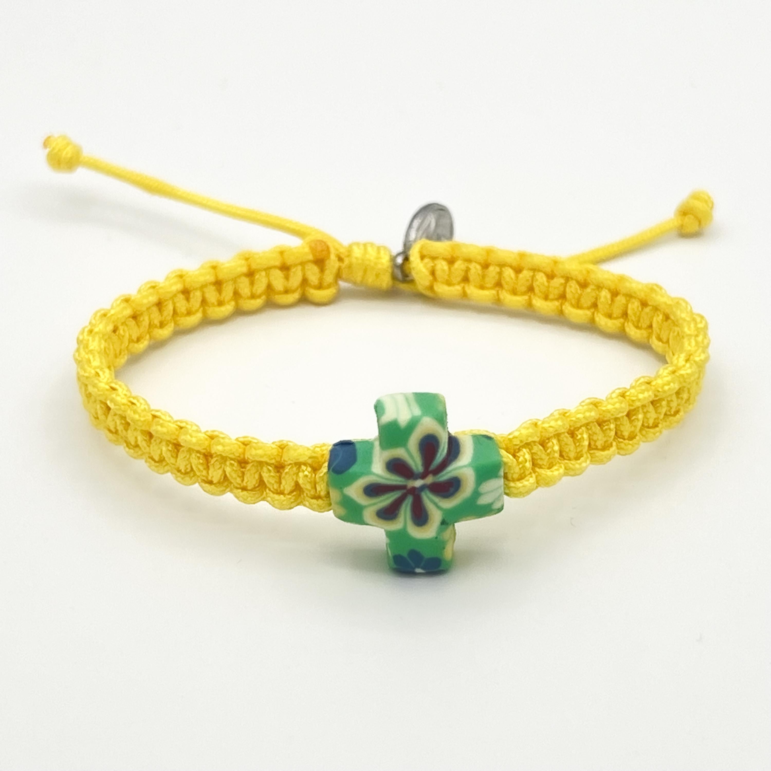 Yellow Catholic Bracelet With Floral Cross Charm Pendant Virgin Mary Divine Mercy Religious Medal Catholic Gift For Men Women Boys Girls