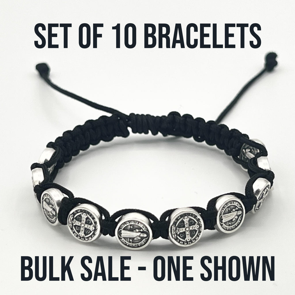 WHOLESALE BULK Set Of 10 St Benedict Black Bracelet With Silver Medals