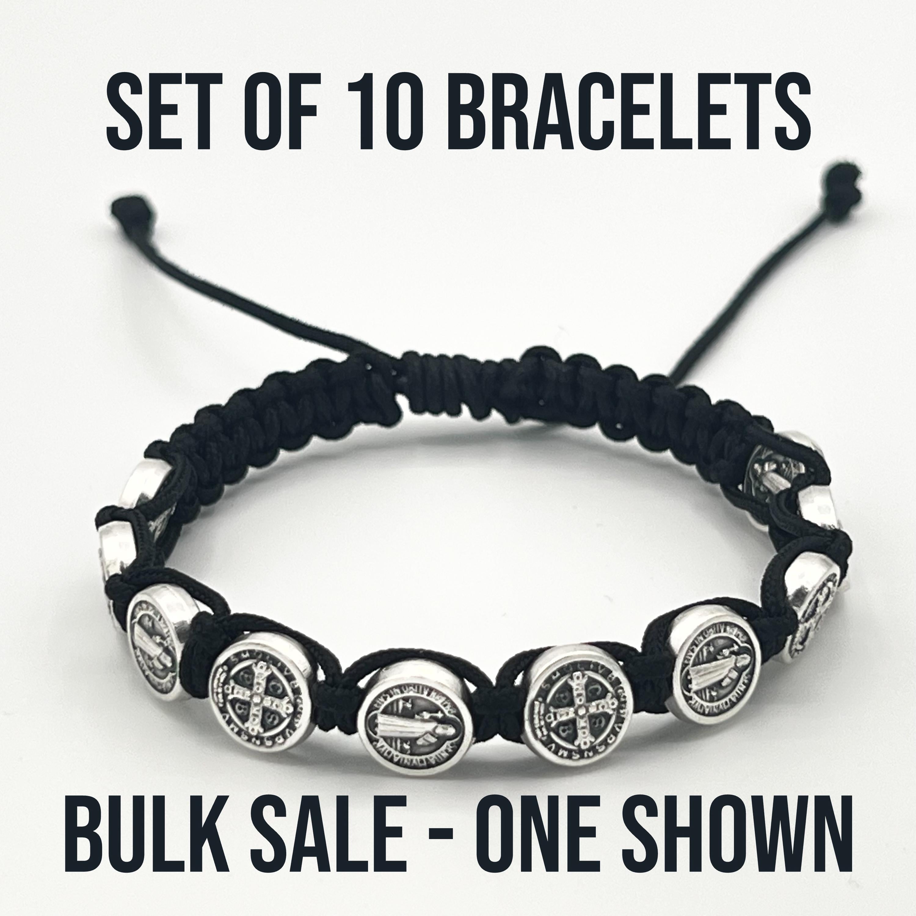 WHOLESALE BULK Set Of 10 St Benedict Black Bracelet With Silver Medals