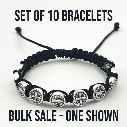WHOLESALE BULK Set Of 10 St Benedict Black Bracelet With Silver Medals