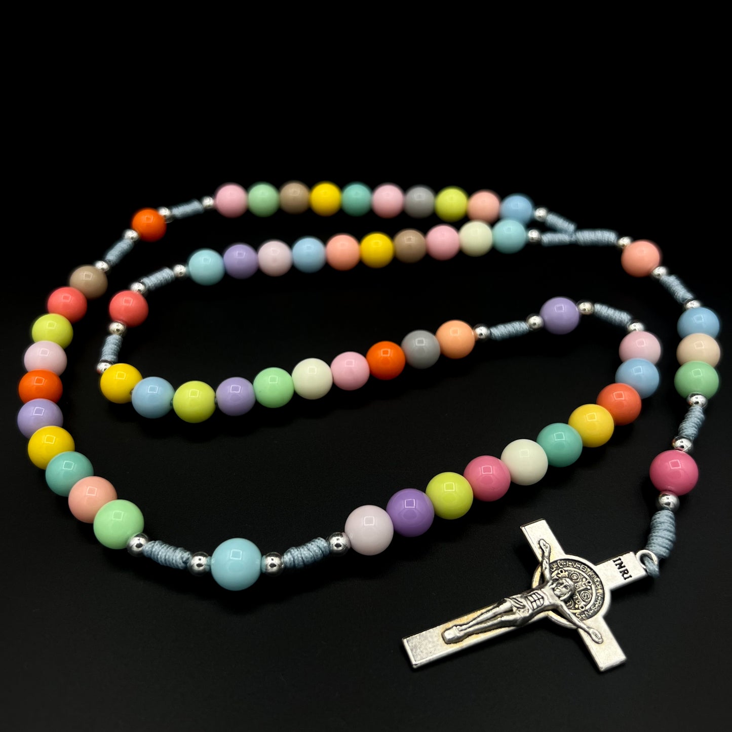 Catholic Colorful Beads Rosary Necklace For Women Girls Saint Benedict Cross Pendant Five Decades Chaplet Rosario San Benito Medal