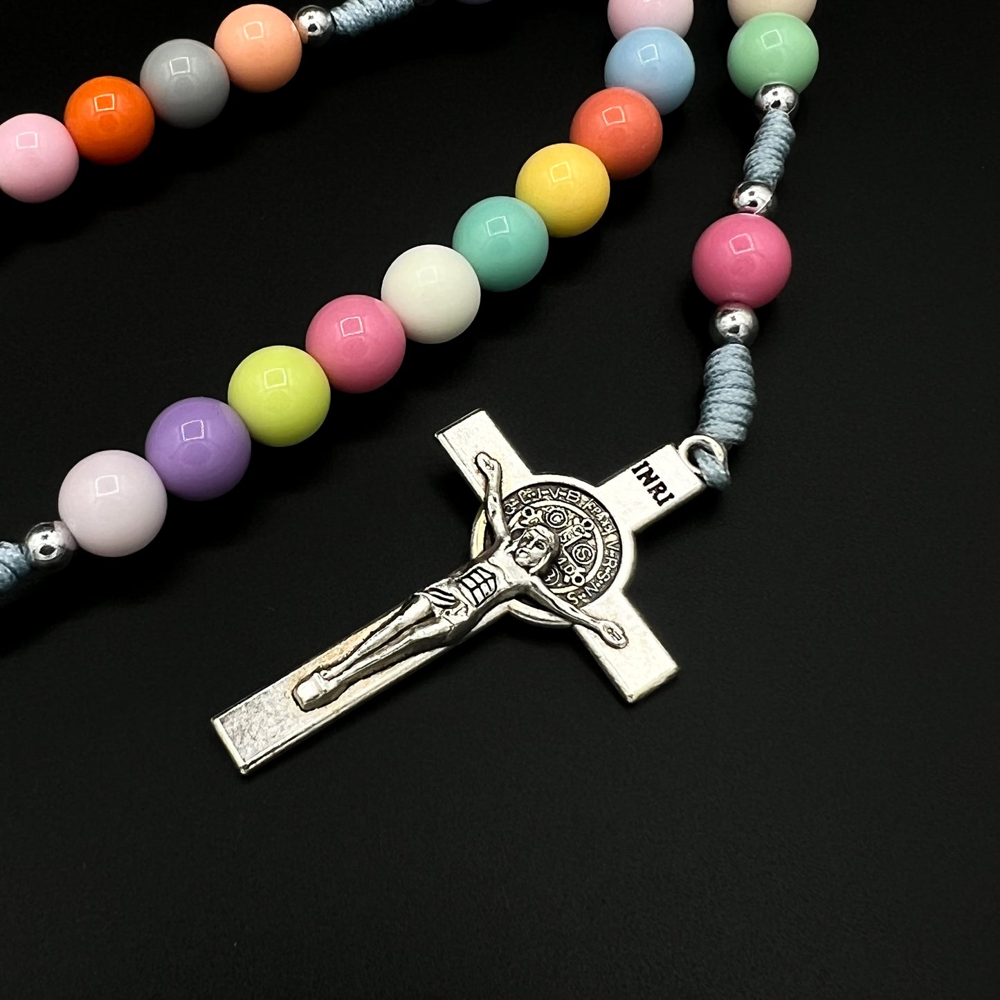 Catholic Colorful Beads Rosary Necklace For Women Girls Saint Benedict Cross Pendant Five Decades Chaplet Rosario San Benito Medal