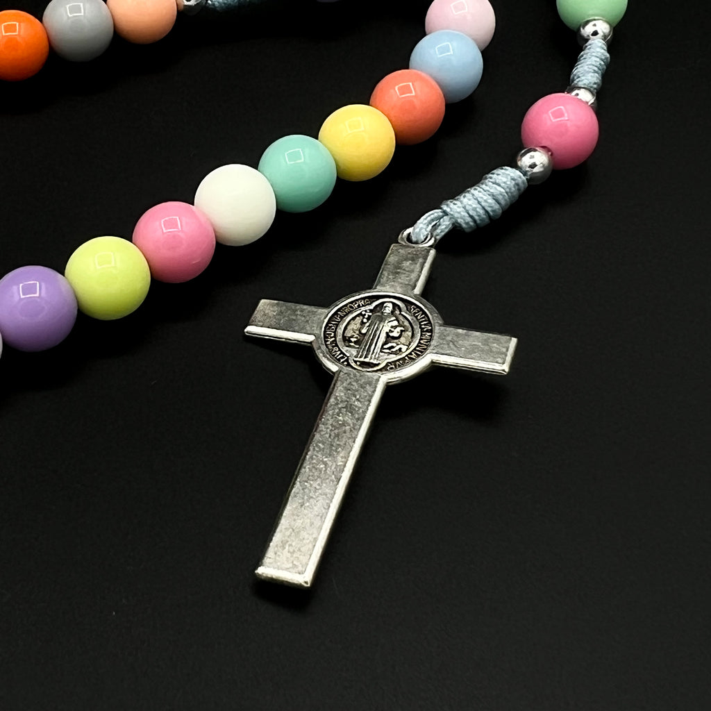 Catholic Colorful Beads Rosary Necklace For Women Girls Saint Benedict Cross Pendant Five Decades Chaplet Rosario San Benito Medal