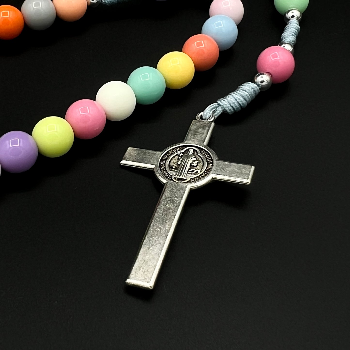 Catholic Colorful Beads Rosary Necklace For Women Girls Saint Benedict Cross Pendant Five Decades Chaplet Rosario San Benito Medal