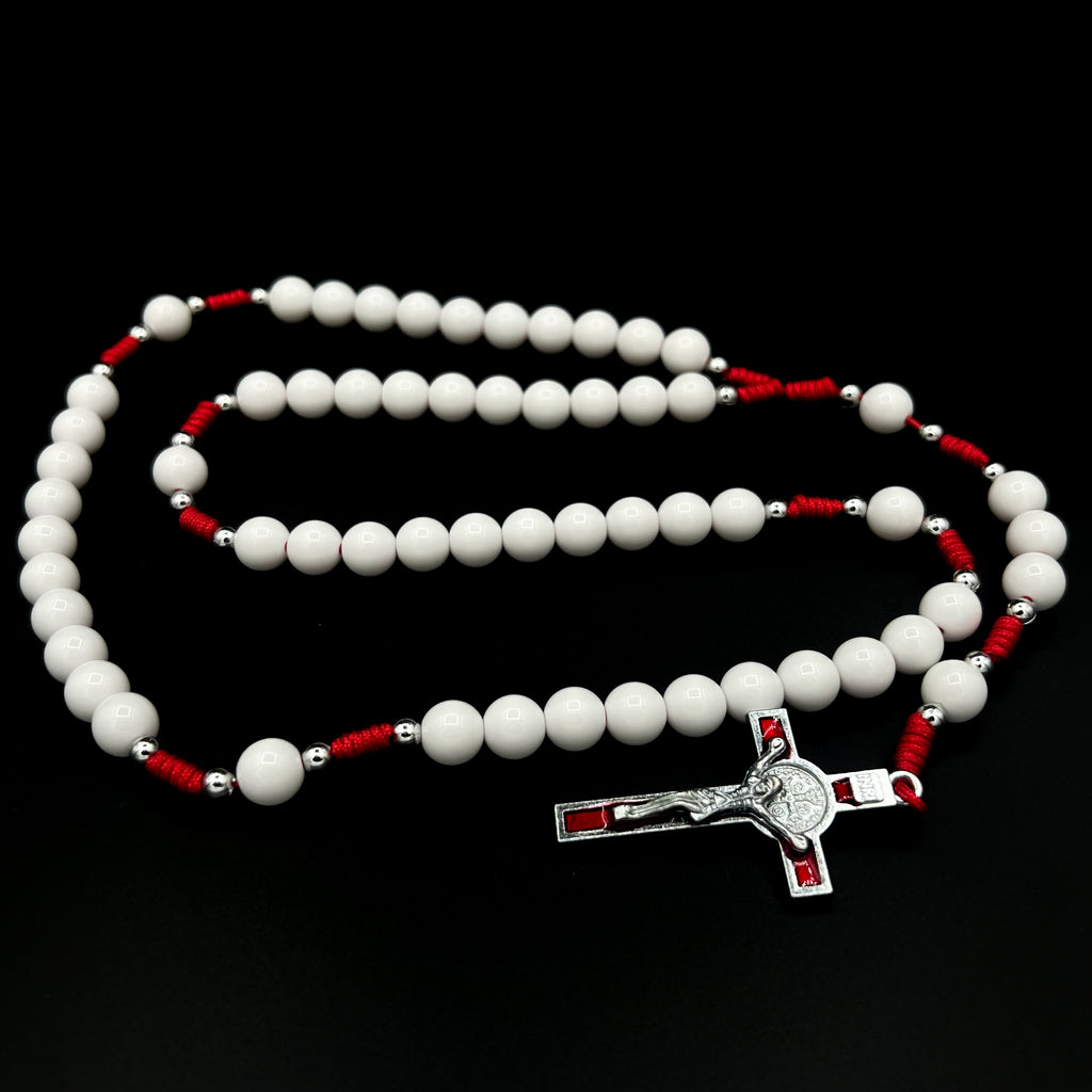 Saint St Benedict White Beads Red Cross Pendant Cord Rosary Necklace