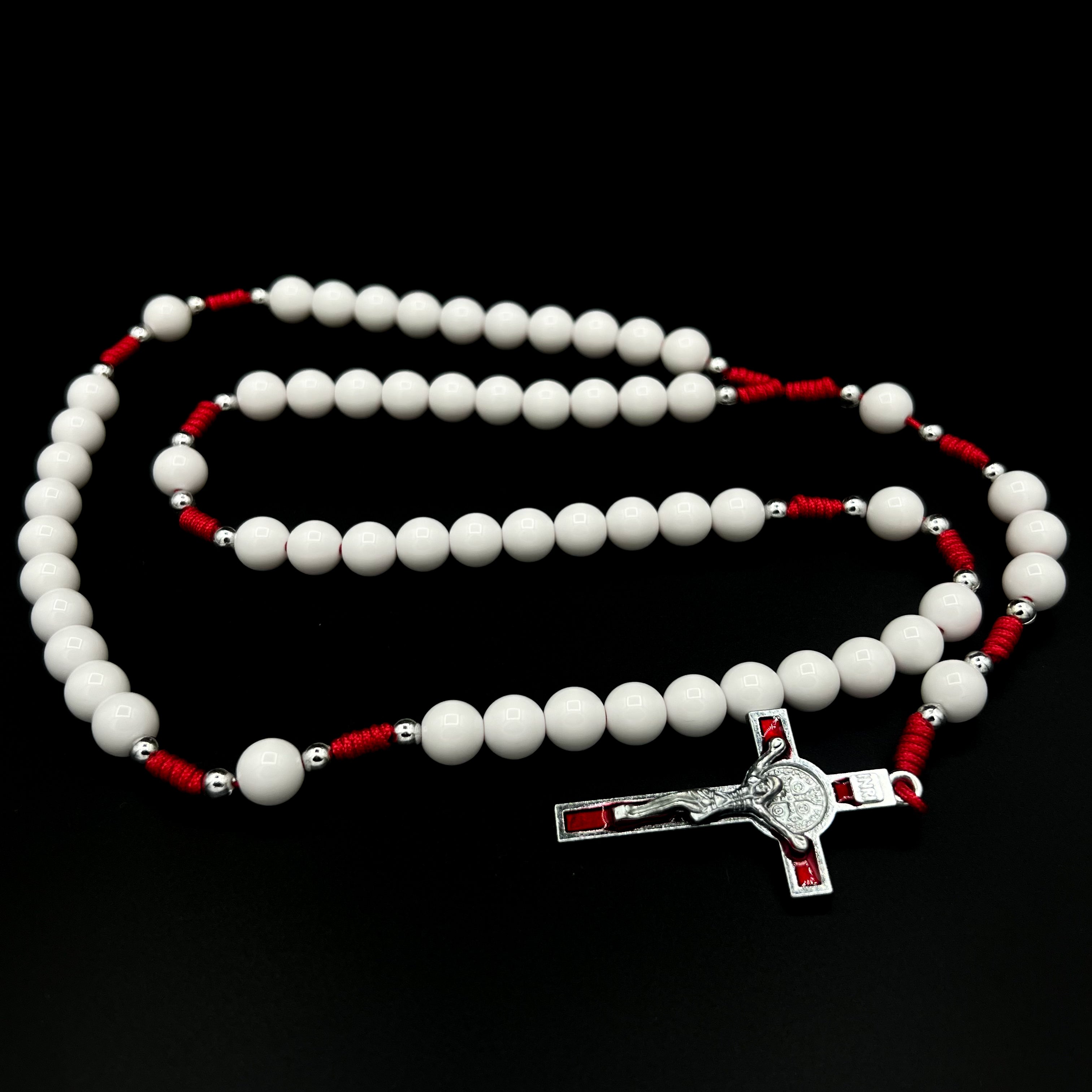 Saint St Benedict White Beads Red Cross Pendant Cord Rosary Necklace