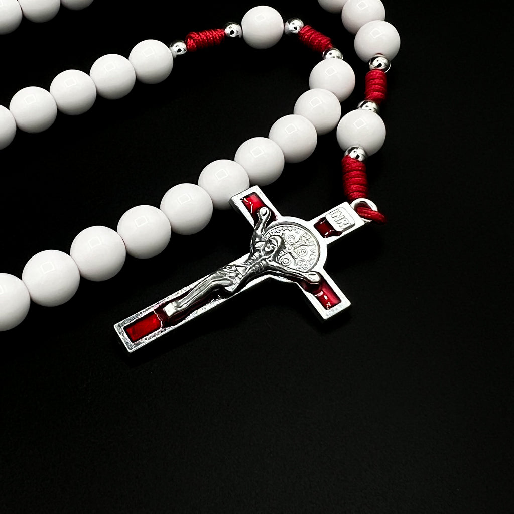 Saint St Benedict White Beads Red Cross Pendant Cord Rosary Necklace