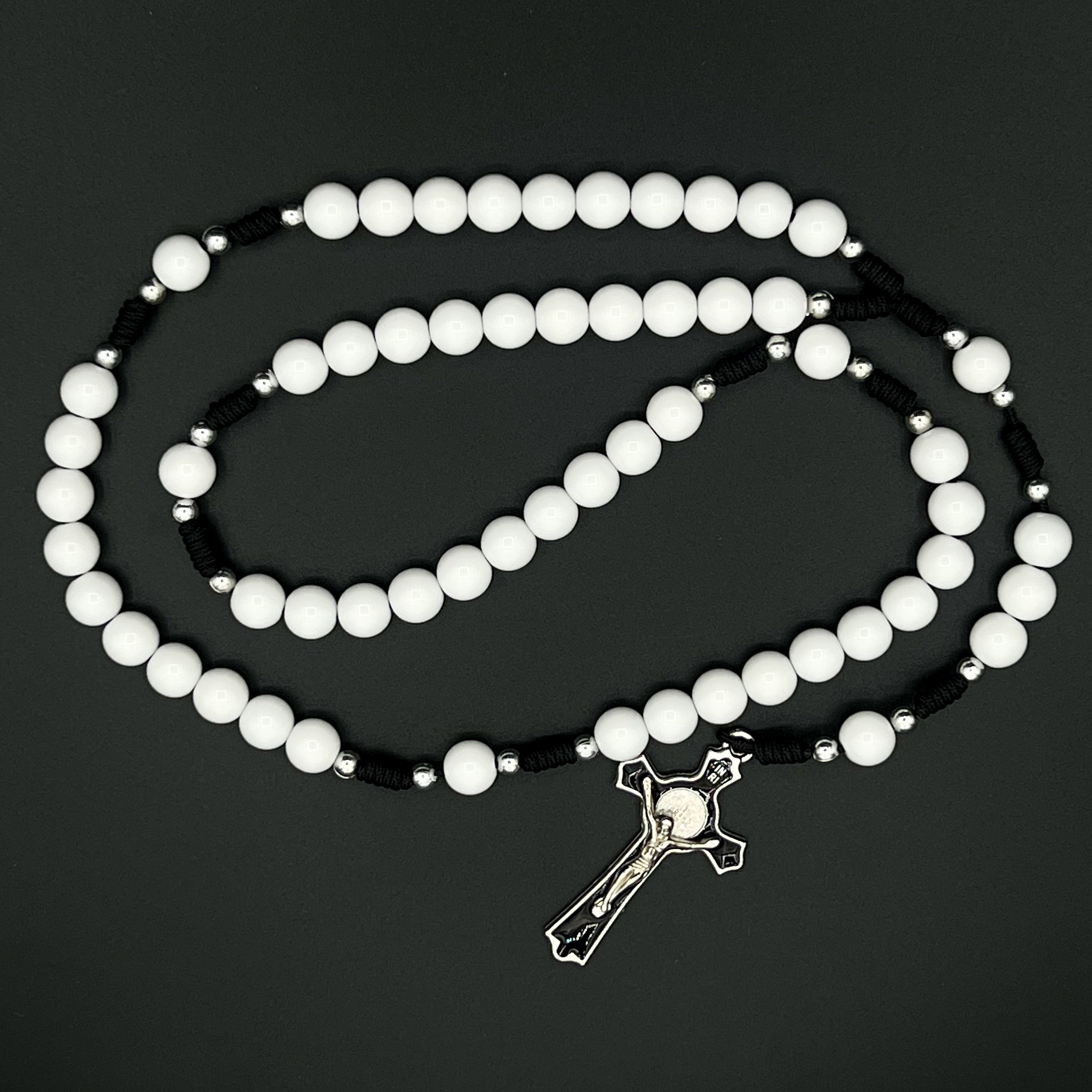 White Beads Black Cord Rosary St Benedict Pendant Cross Charm Religious Gift Necklace For Men Women Confirmation Communion Jewelry