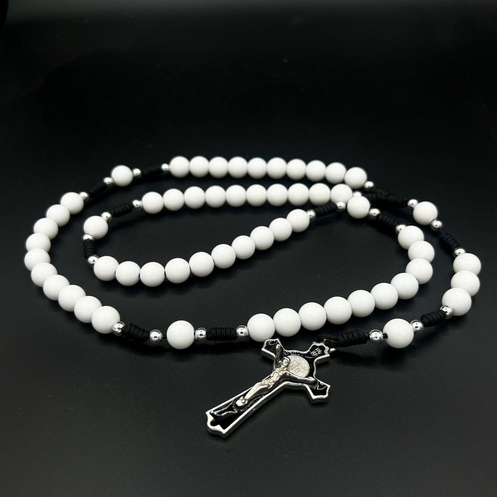 White Beads Black Cord Rosary St Benedict Pendant Cross Charm Religious Gift Necklace For Men Women Confirmation Communion Jewelry