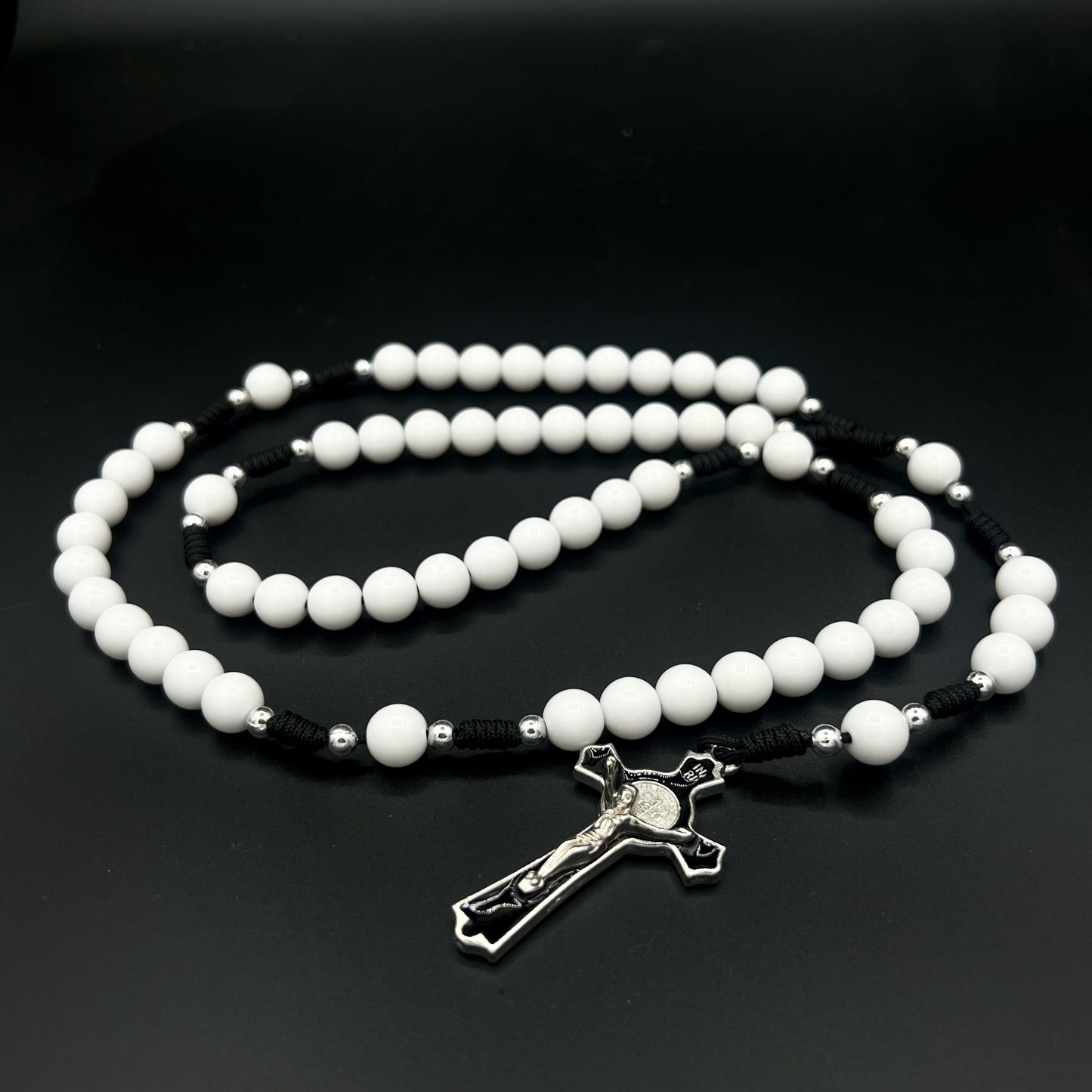 White Beads Black Cord Rosary St Benedict Pendant Cross Charm Religious Gift Necklace For Men Women Confirmation Communion Jewelry