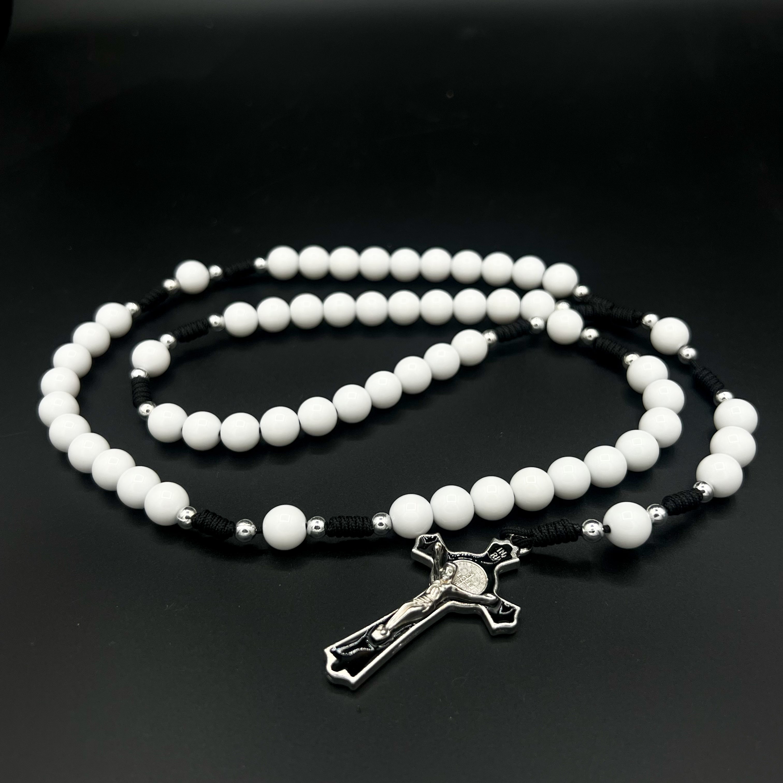 White Beads Black Cord Rosary St Benedict Pendant Cross Charm Religious Gift Necklace For Men Women Confirmation Communion Jewelry