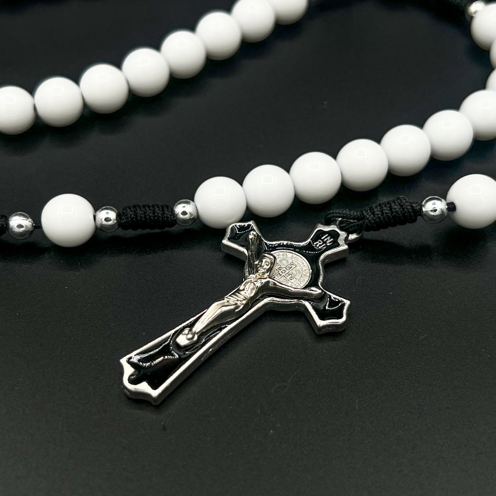 White Beads Black Cord Rosary St Benedict Pendant Cross Charm Religious Gift Necklace For Men Women Confirmation Communion Jewelry