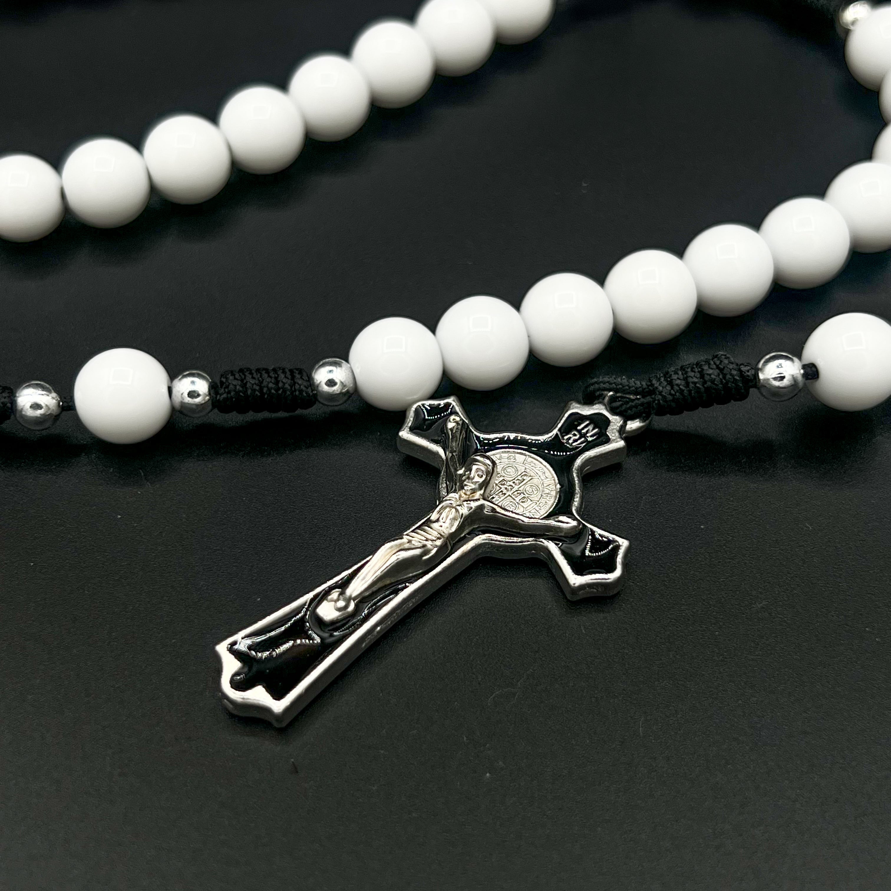 White Beads Black Cord Rosary St Benedict Pendant Cross Charm Religious Gift Necklace For Men Women Confirmation Communion Jewelry