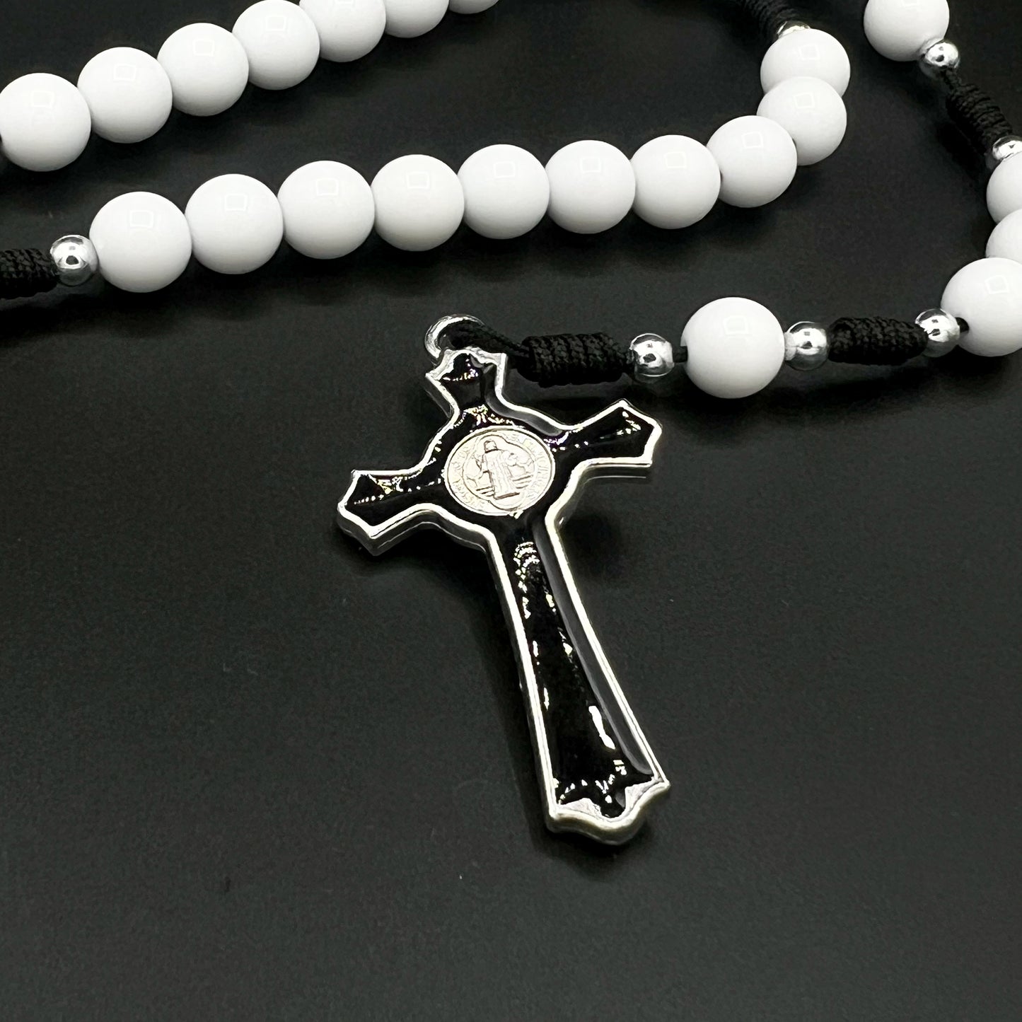 White Beads Black Cord Rosary St Benedict Pendant Cross Charm Religious Gift Necklace For Men Women Confirmation Communion Jewelry