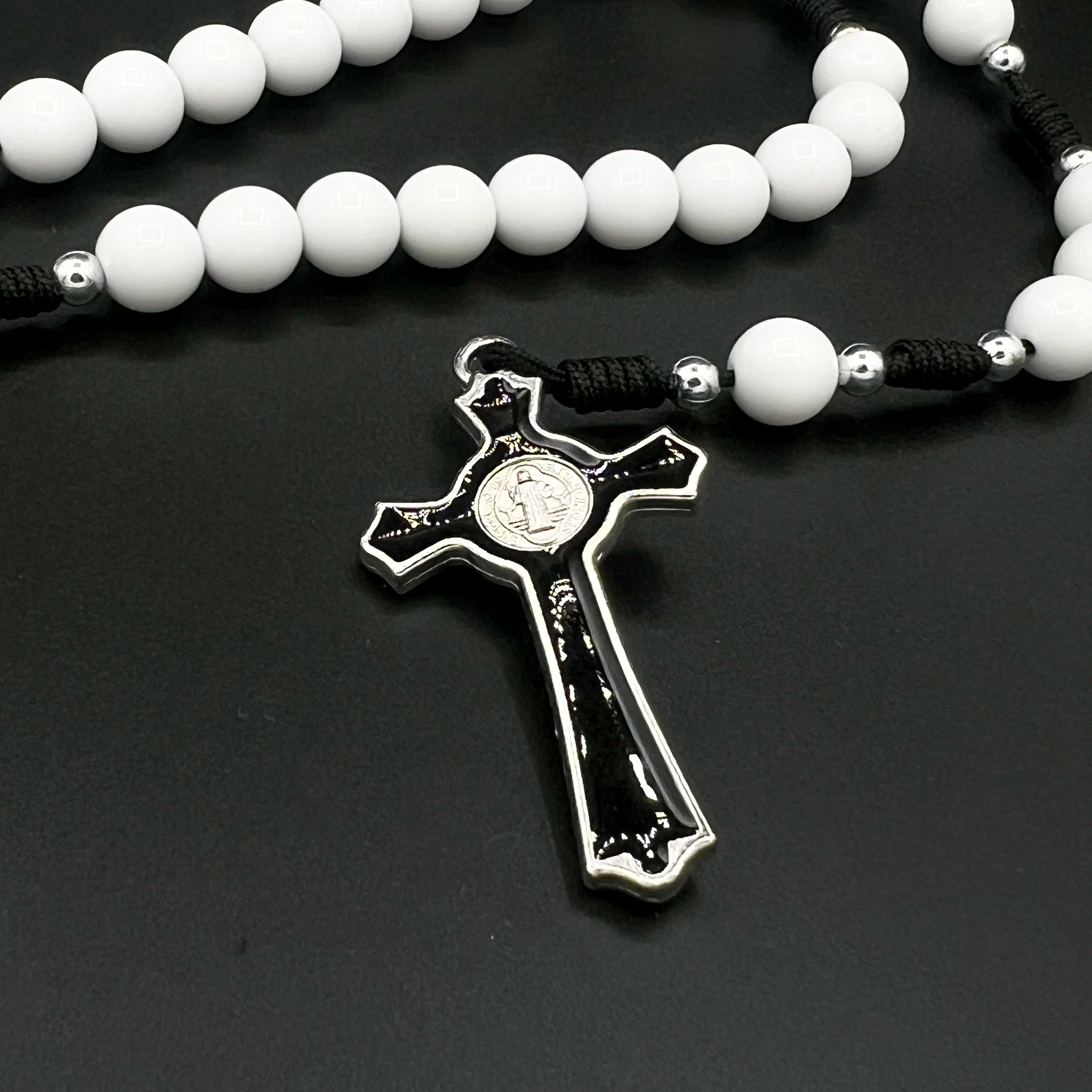 White Beads Black Cord Rosary St Benedict Pendant Cross Charm Religious Gift Necklace For Men Women Confirmation Communion Jewelry
