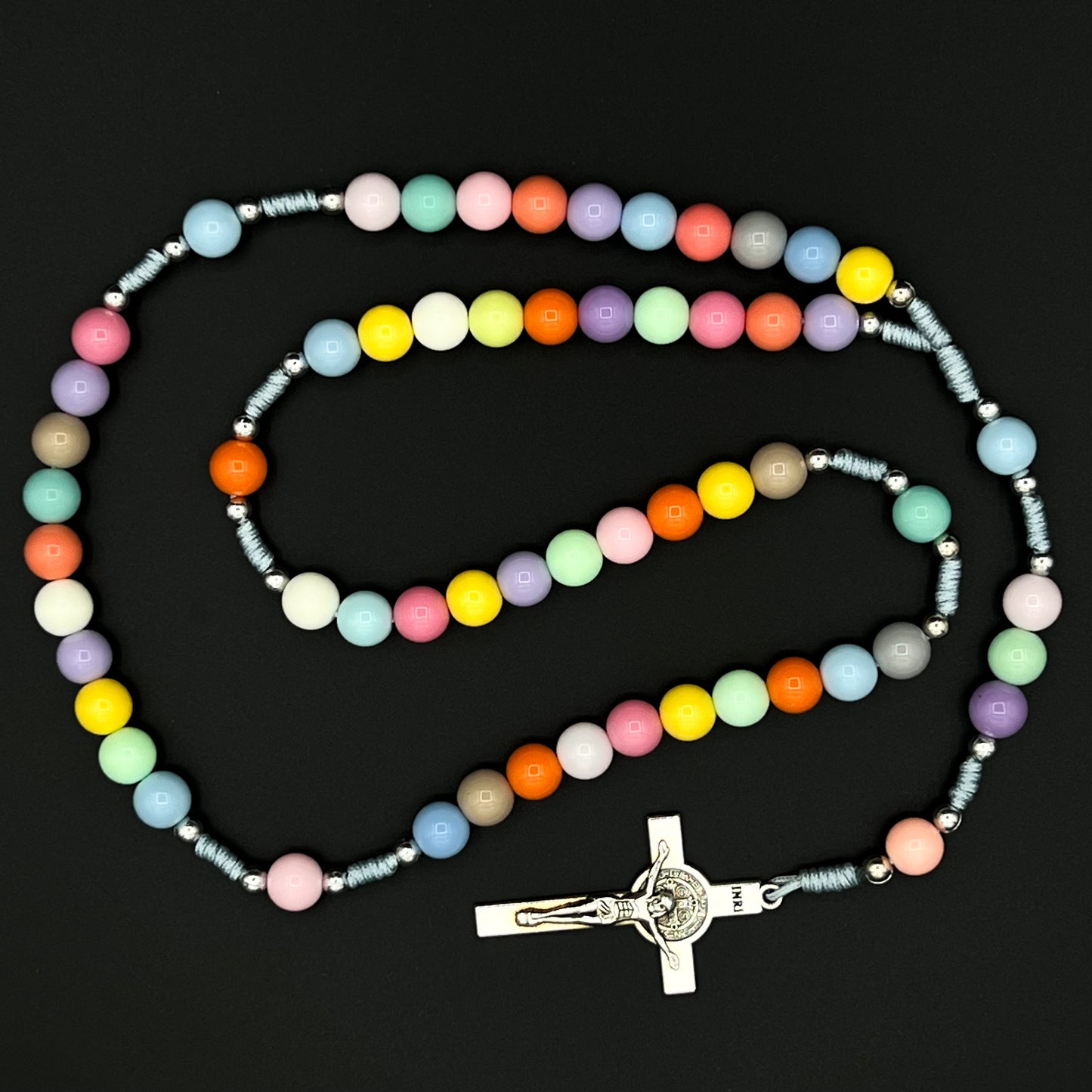 Catholic Colorful Beads Rosary Necklace For Women Girls Saint Benedict Cross Pendant Five Decades Chaplet Rosario San Benito Medal