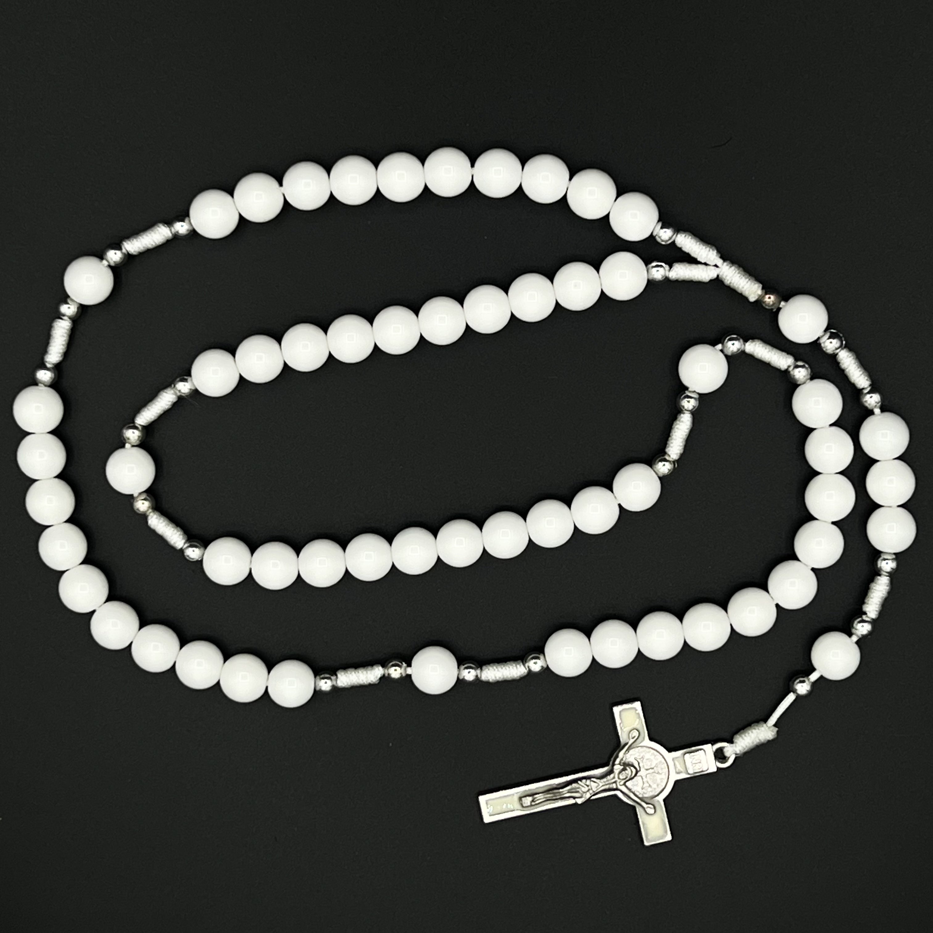 All White Rosary Necklace Chaplet St Benedict Cross Pendant Prayer Beads