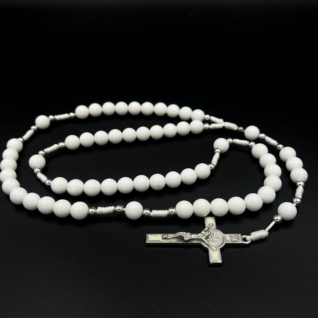 All White Rosary Necklace Chaplet St Benedict Cross Pendant Prayer Beads
