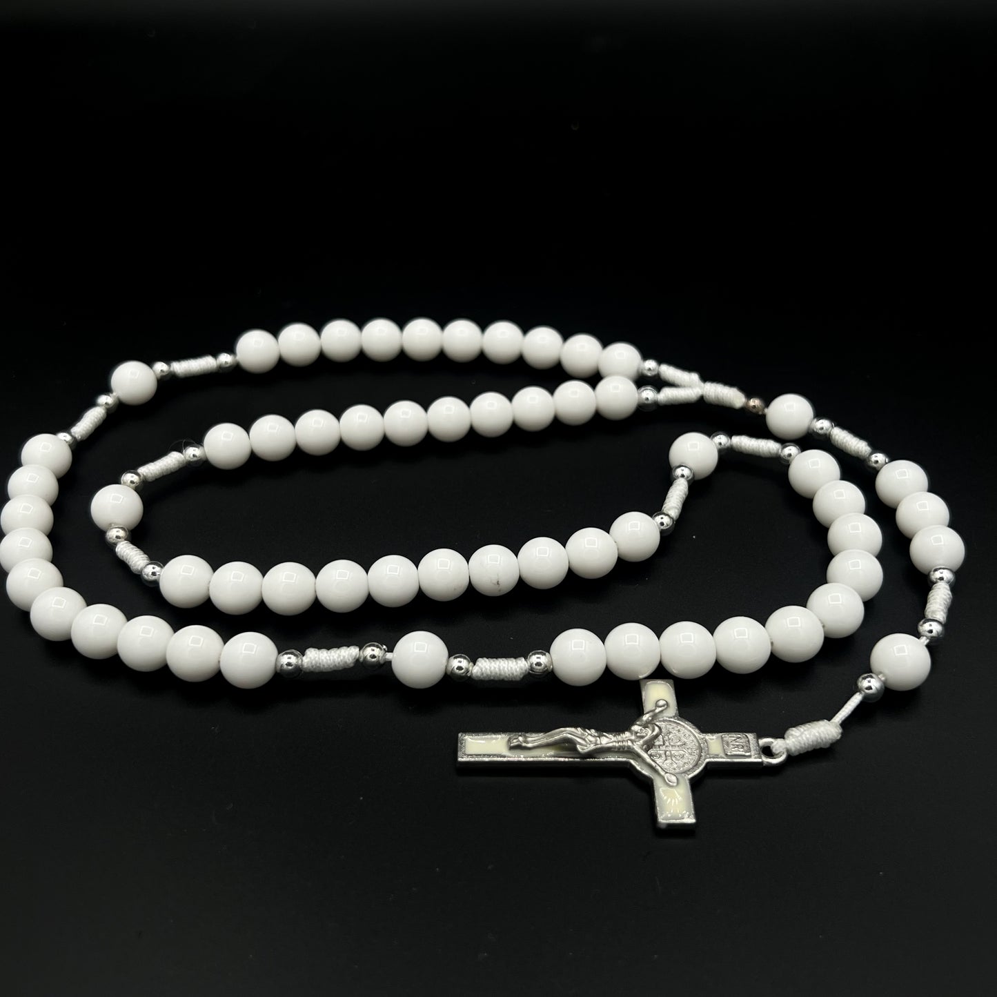 All White Rosary Necklace Chaplet St Benedict Cross Pendant Prayer Beads