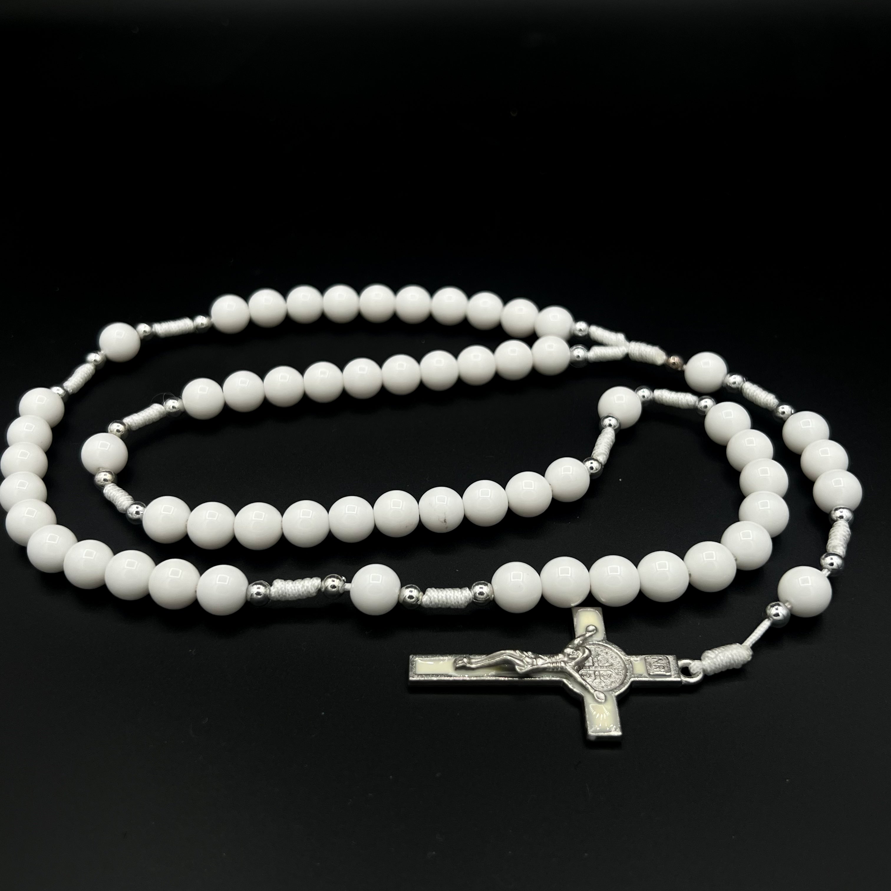 All White Rosary Necklace Chaplet St Benedict Cross Pendant Prayer Beads