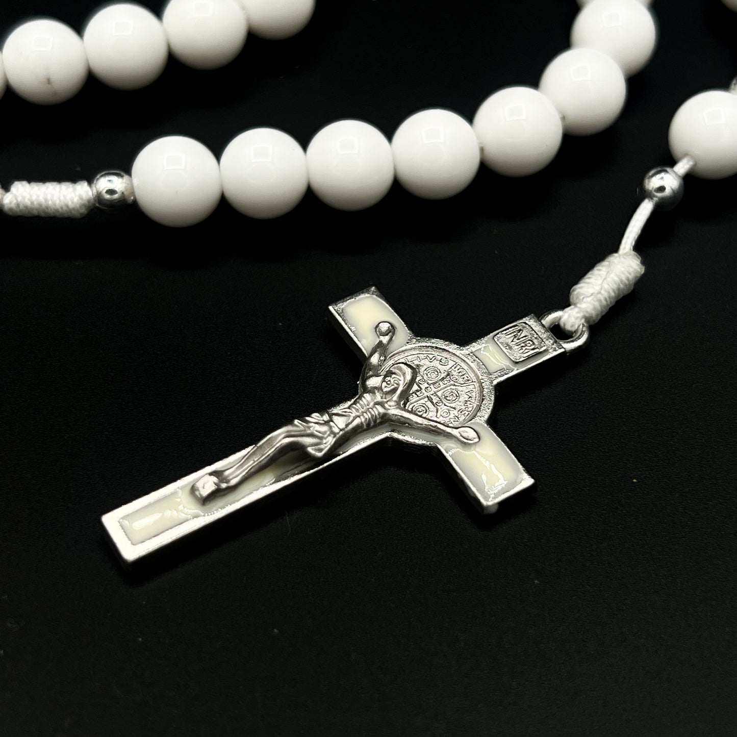 All White Rosary Necklace Chaplet St Benedict Cross Pendant Prayer Beads