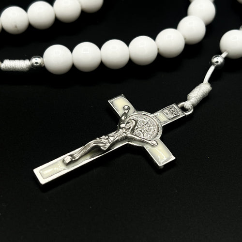 All White Rosary Necklace Chaplet St Benedict Cross Pendant Prayer Beads
