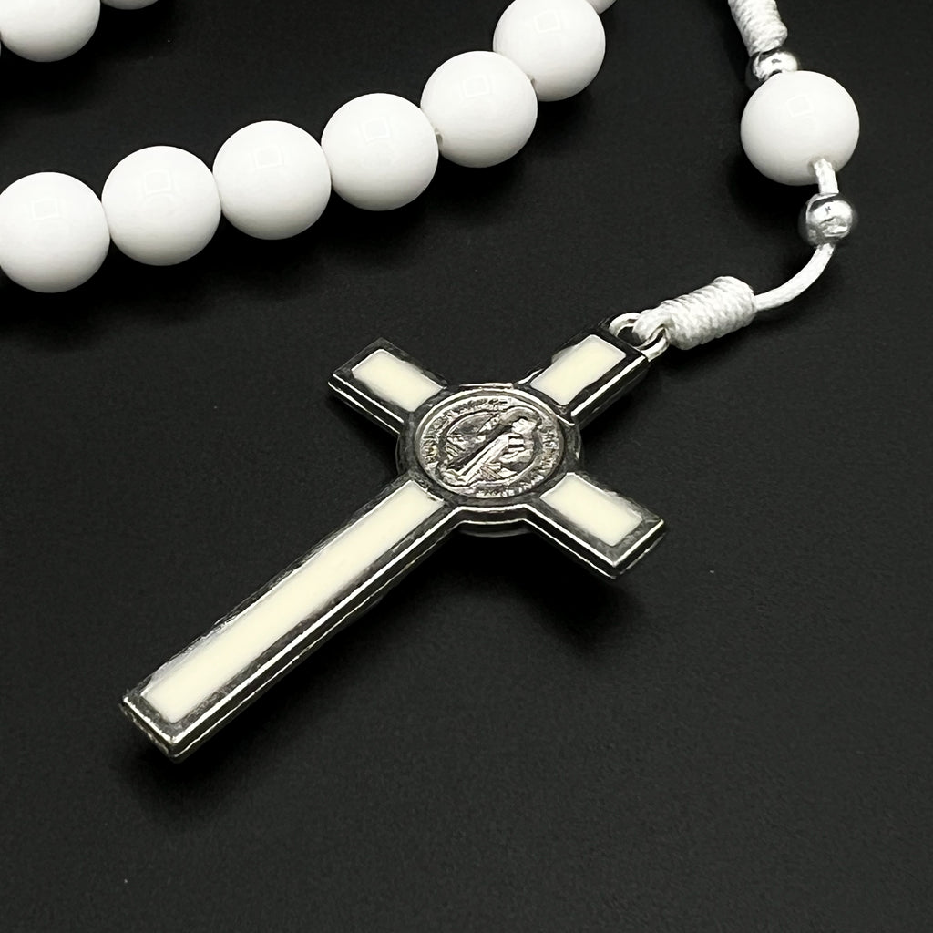 All White Rosary Necklace Chaplet St Benedict Cross Pendant Prayer Beads