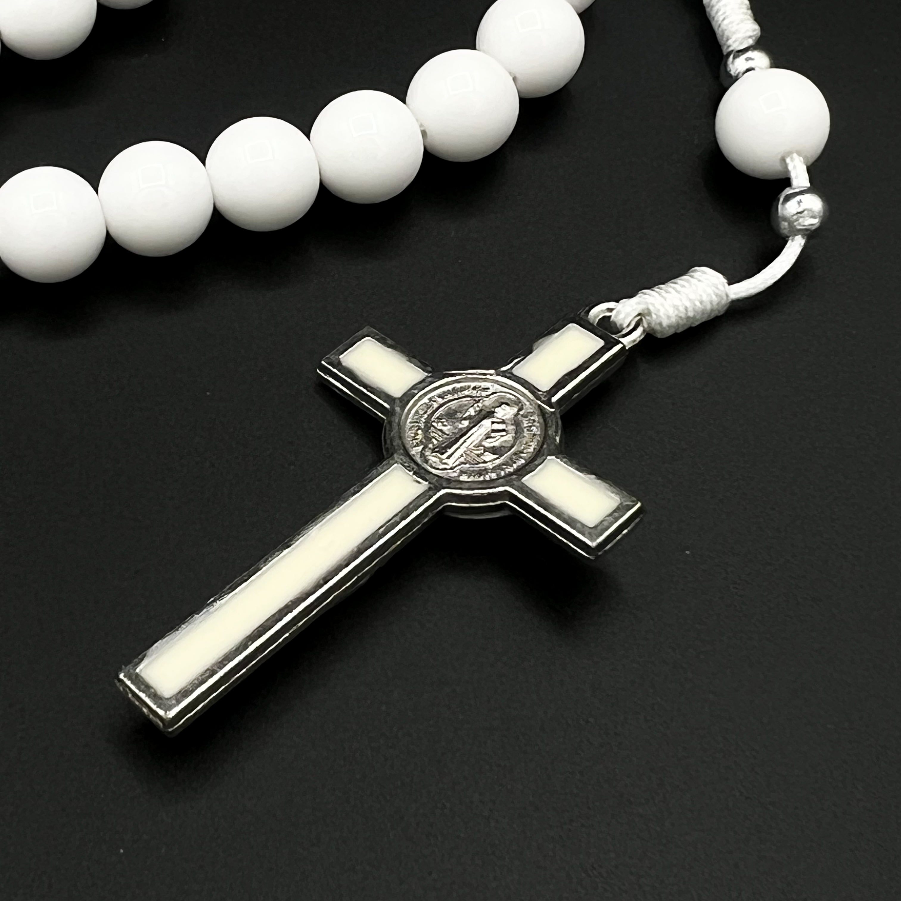 All White Rosary Necklace Chaplet St Benedict Cross Pendant Prayer Beads