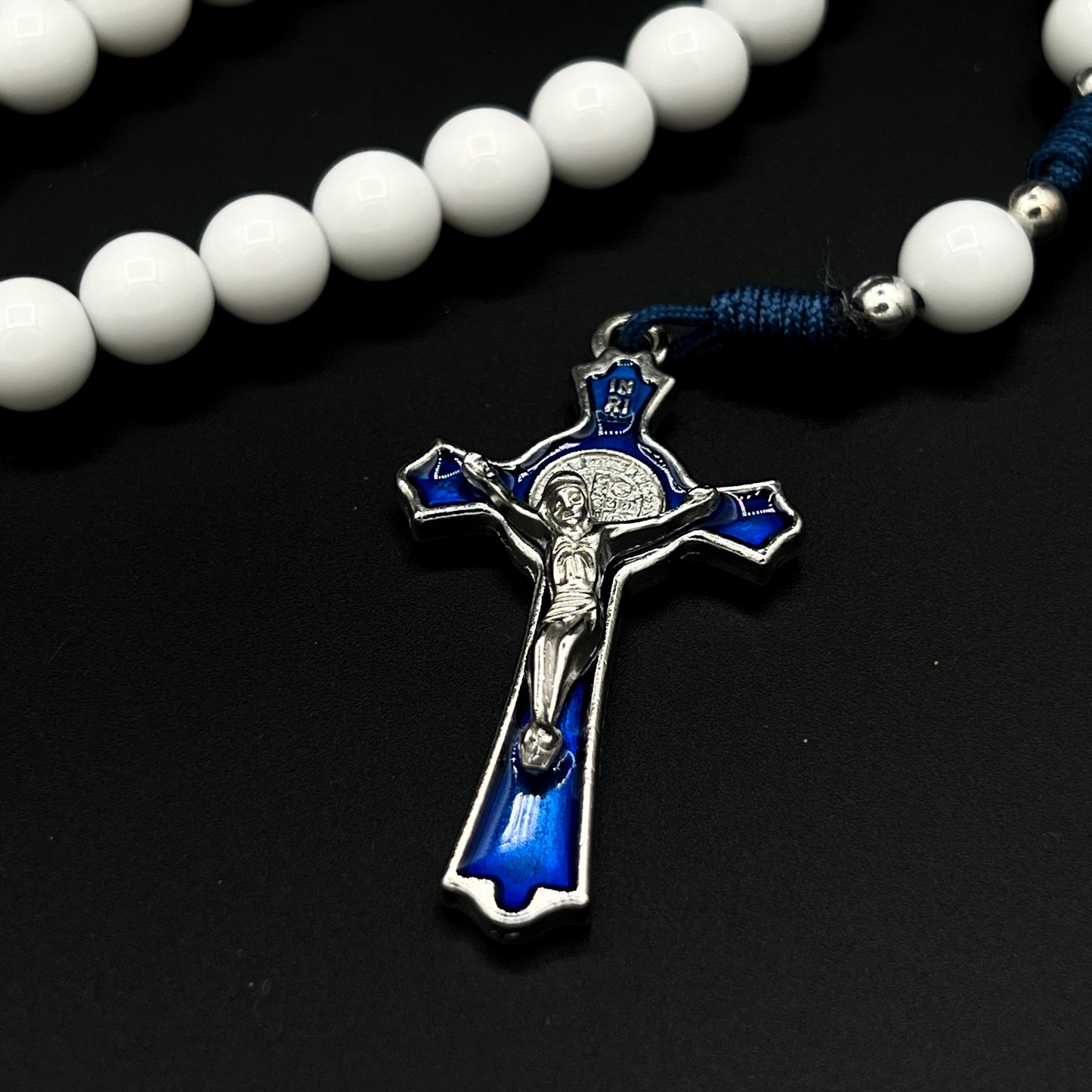Catholic White Beads Rosary Necklace St Benedict Blue Cross Pendant Navy Cord