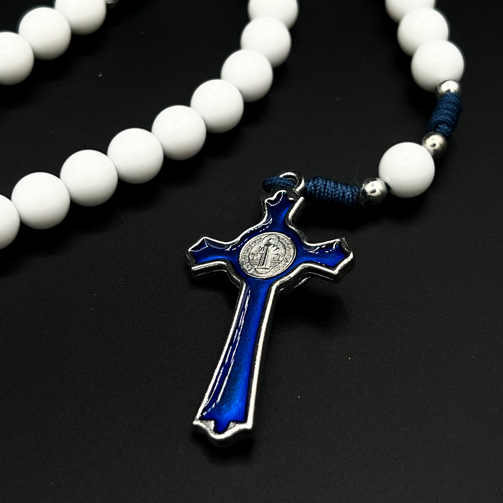 Catholic White Beads Rosary Necklace St Benedict Blue Cross Pendant Navy Cord