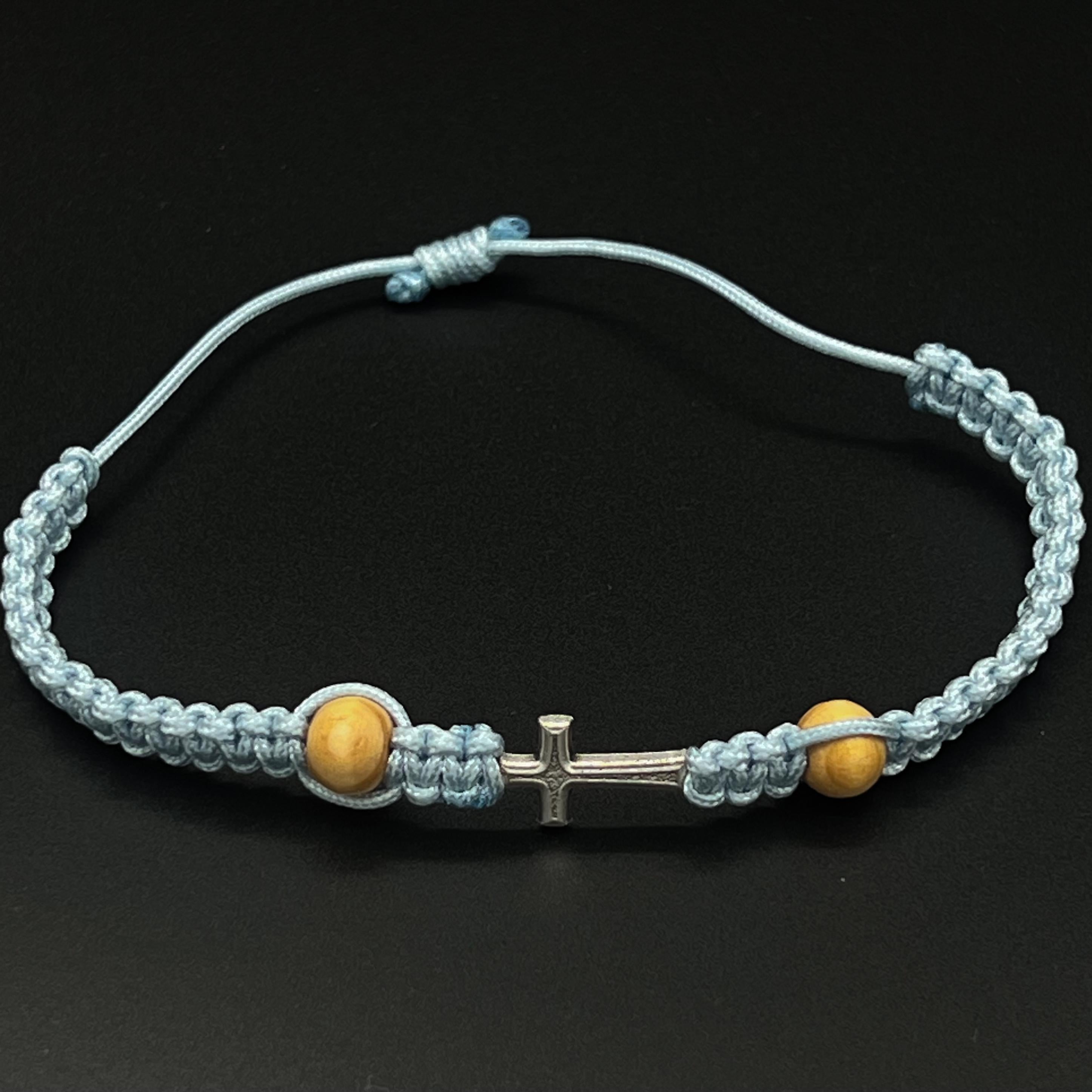 Simple Cross Bracelet Blue Catholic Jewelry Wooden Prayer Beads Minimalist Adjustable