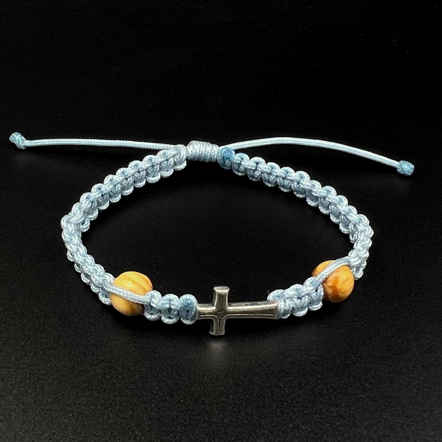 Simple Cross Bracelet Blue Catholic Jewelry Wooden Prayer Beads Minimalist Adjustable